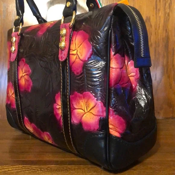 NWT-Marino Orlandi-Embossed Leather Satchel-Black-Tropical 🌺 Flowers-Italian 🇮🇹 - Picture 8 of 16